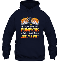 Load image into Gallery viewer, Womens If You Like My Pumpkins You Should See My Pie Halloween Boob Unisex Hooded Sweatshirt
